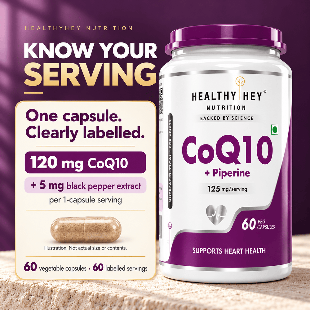 HealthyHey Nutrition Capsule CoQ10 with Black Pepper Extract - 100 mg, 120 mg or 200 mg CoQ10 - 60 Veg Capsules