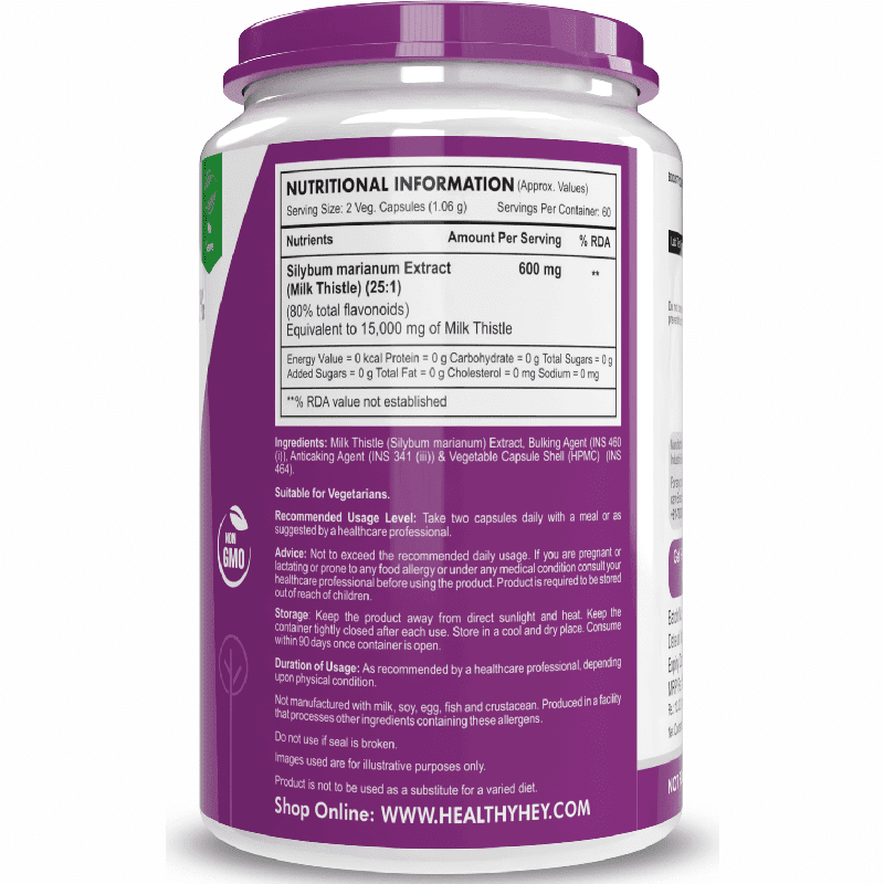 HealthyHey Nutrition Capsule Milk Thistle Supplement 600mg Extract - Supports Liver Health and Antioxidant (Silymarin)