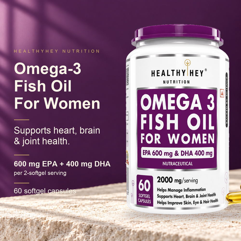 HealthyHey Omega-3 Fish Oil, For Women, 60 softgel capsules.