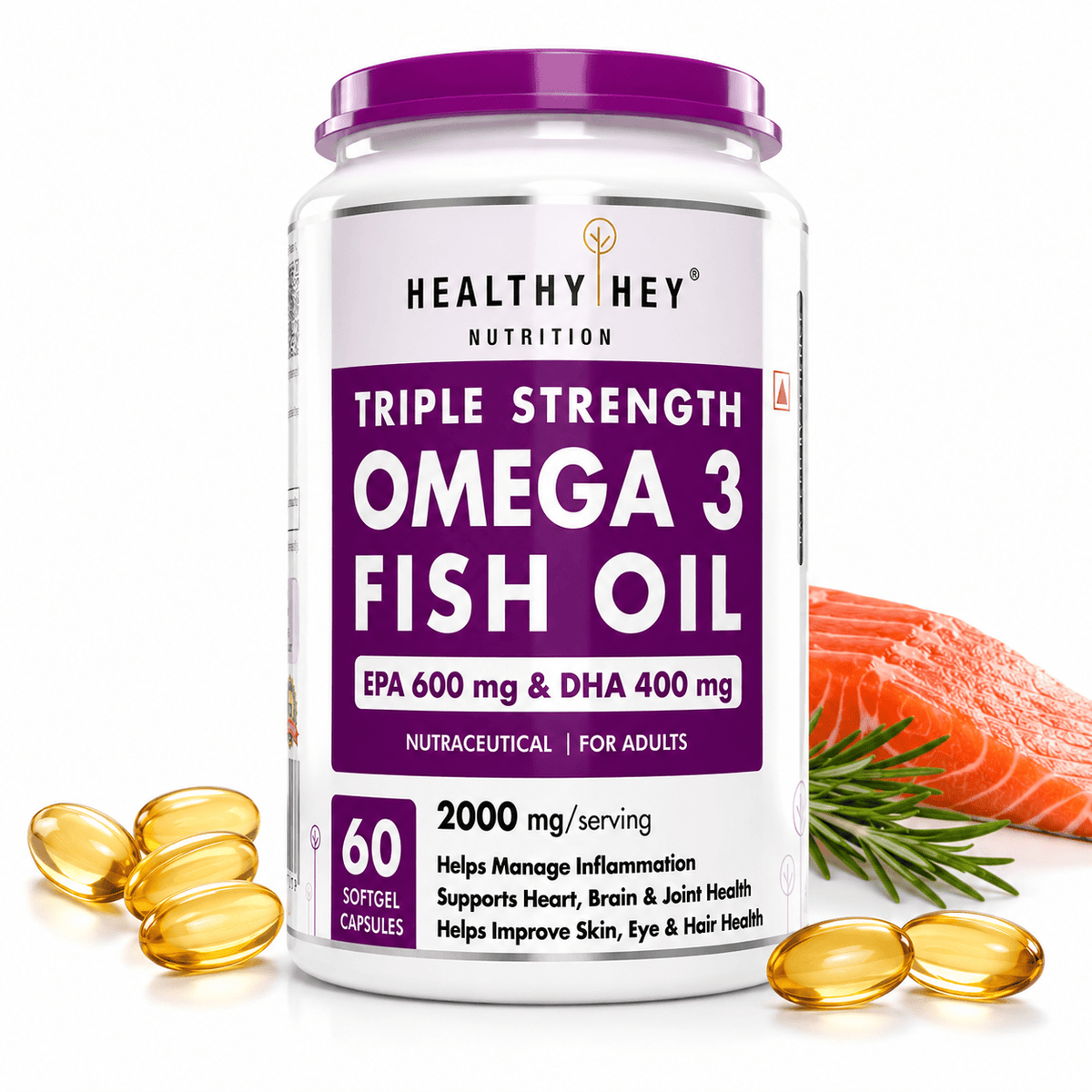 Best Omega-3 Fish Oil in India 2026 — HealthyHey 2000mg with 600mg EPA and 400mg DHA per softgel