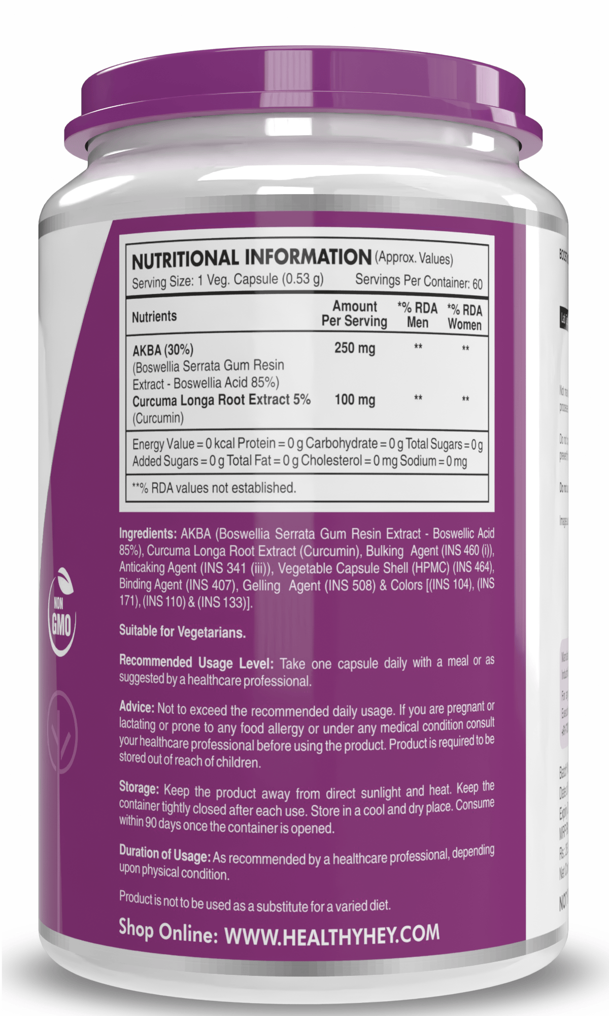 HealthyHey Nutrition Capsule AKBA Bone & Joint Health 85% Boswellic Acid Curcumin 60 Veg Capsules