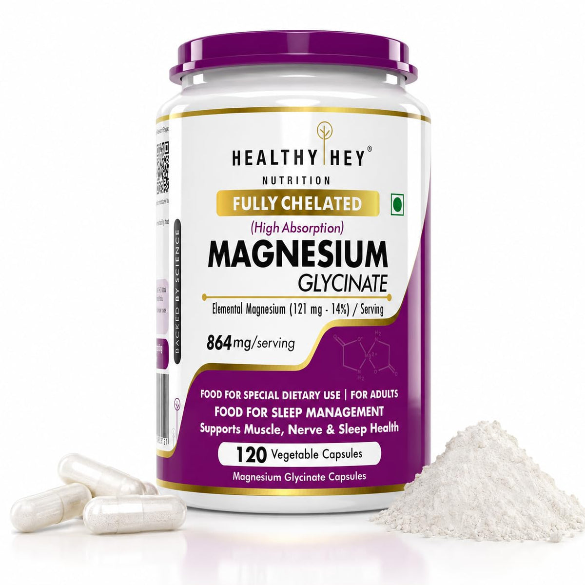 HealthyHey Magnesium Glycinate 14% Fully Chelated, 120 vegetable capsules, front of jar