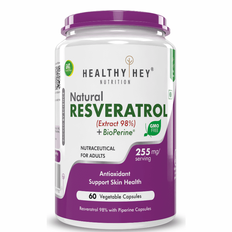 Resveratrol Extract,  Natural Antioxidant support skin Health 98% Plus BioPerine for Absorption - 60 Veg Capsules (Pack of 1)