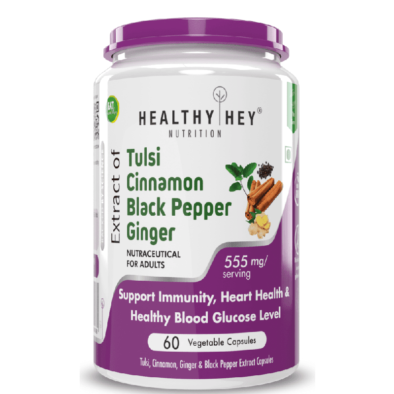 Tulsi Cinnamon, Support Immunity,Heart Health blood Glucose Level Black Pepper & Ginger Extract Formula for Immunity - 60 Veg Capsules