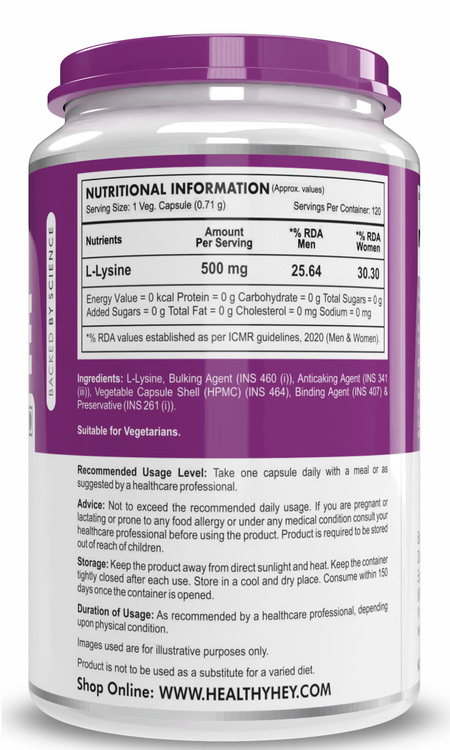 HealthyHey Nutrition Capsule 120 Count (Pack of 1) L-Lysine,Improve Calcium Absorption 120 Veg Capsules