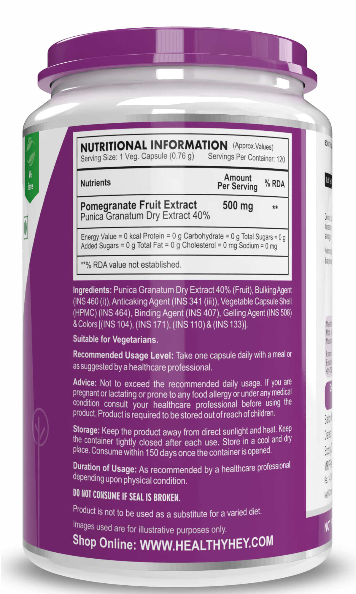 HealthyHey Nutrition Capsule 120 Pomegranate Fruit Extract, Support Cardiovascular Health 120 Veg Capsules