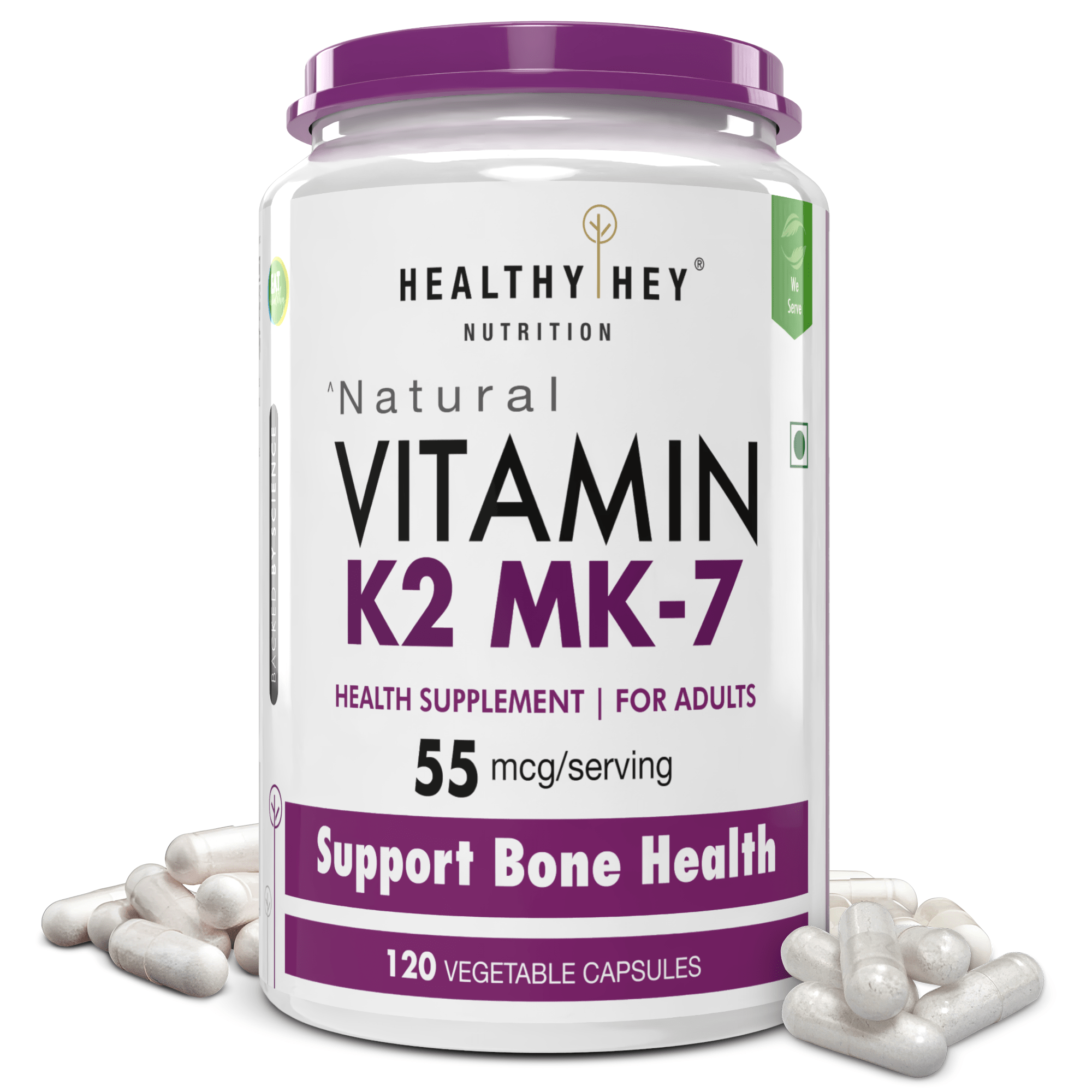 HealthyHey Nutrition Capsule 120 Vitamin K2 | 100% Vegetarian Vitamin K2 Benefits in Bone Health  120 veg Capsules
