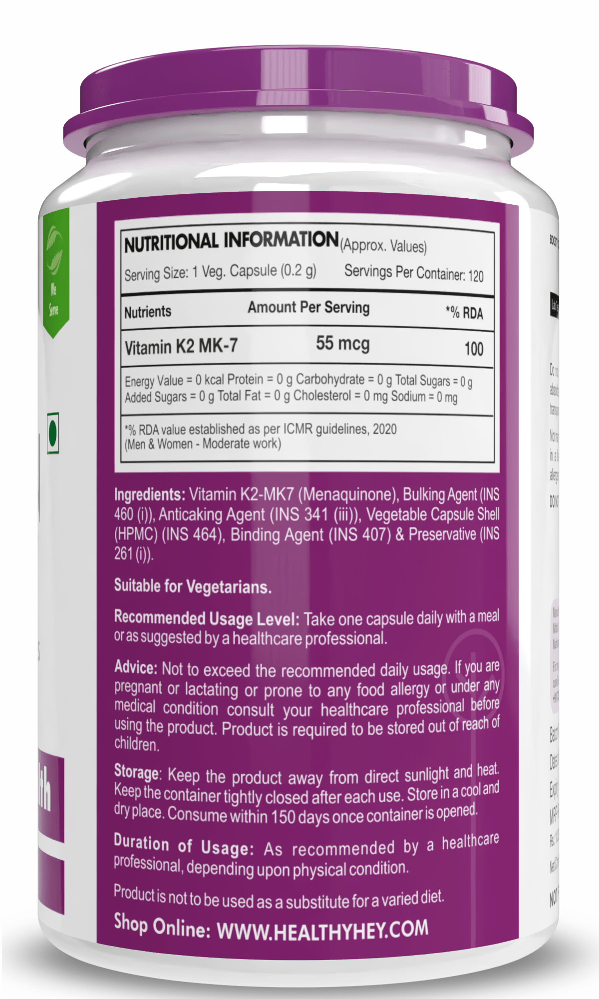 HealthyHey Nutrition Capsule 120 Vitamin K2 | 100% Vegetarian Vitamin K2 Benefits in Bone Health  120 veg Capsules