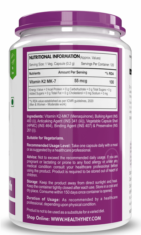 HealthyHey Nutrition Capsule 120 Vitamin K2 | 100% Vegetarian Vitamin K2 Benefits in Bone Health  120 veg Capsules