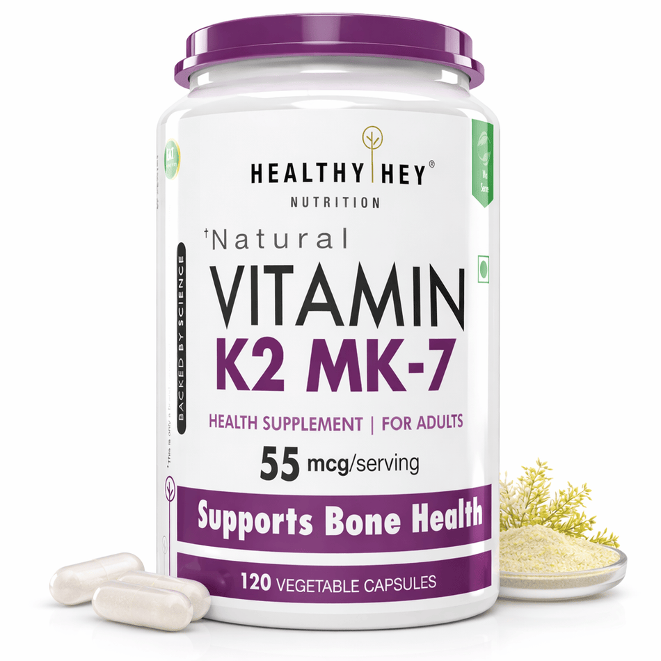 HealthyHey Nutrition Capsule 120 Vitamin K2 | 100% Vegetarian Vitamin K2 Benefits in Bone Health  120 veg Capsules