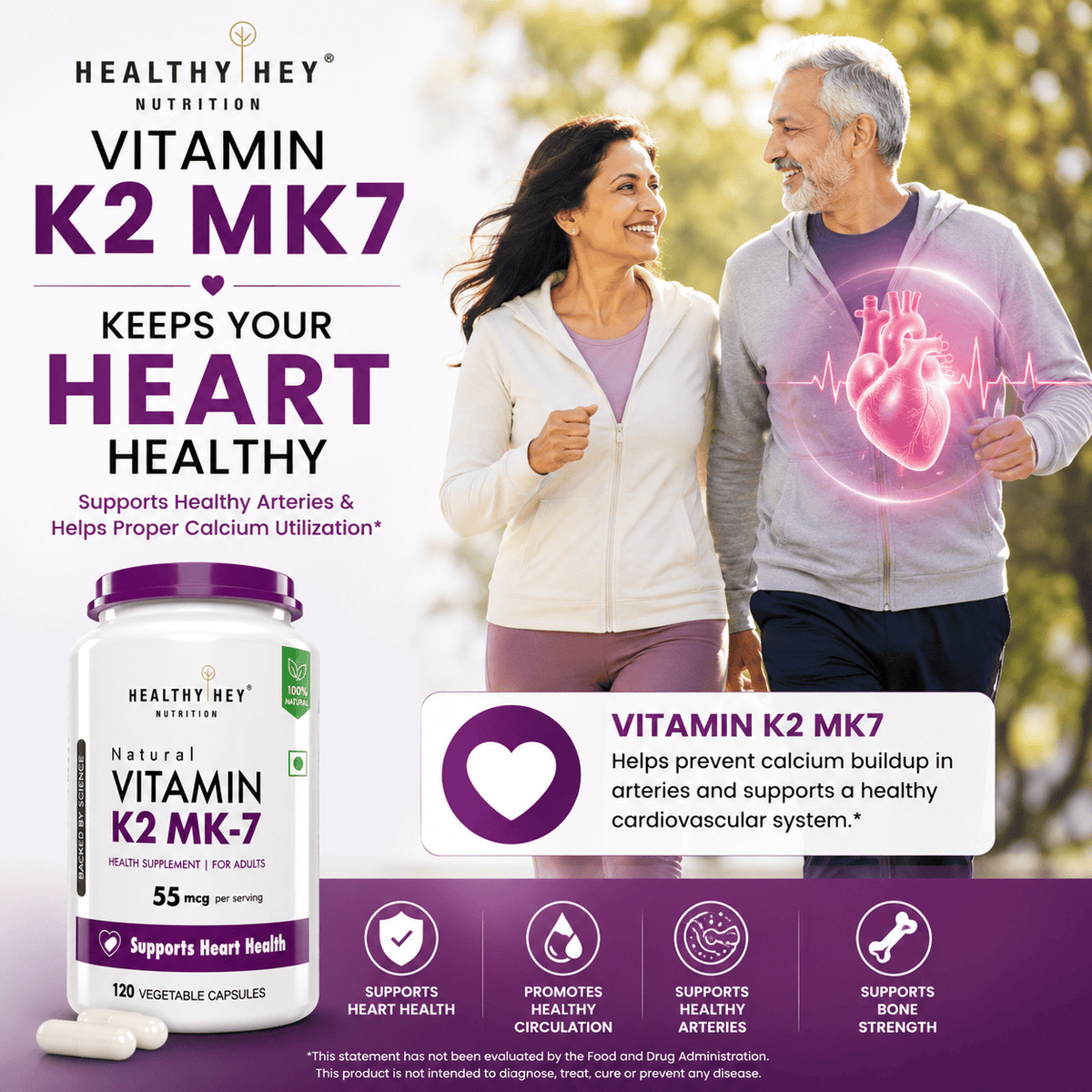 HealthyHey Nutrition Capsule 120 Vitamin K2 | 100% Vegetarian Vitamin K2 Benefits in Bone Health  120 veg Capsules