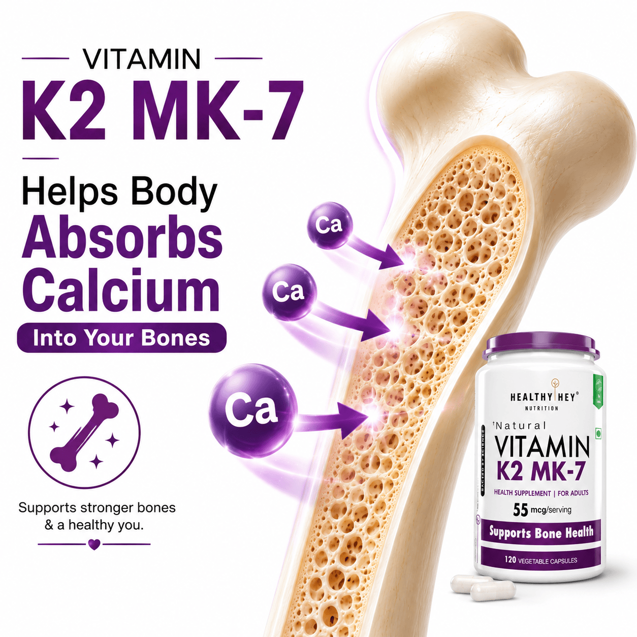 HealthyHey Nutrition Capsule 120 Vitamin K2 | 100% Vegetarian Vitamin K2 Benefits in Bone Health  120 veg Capsules