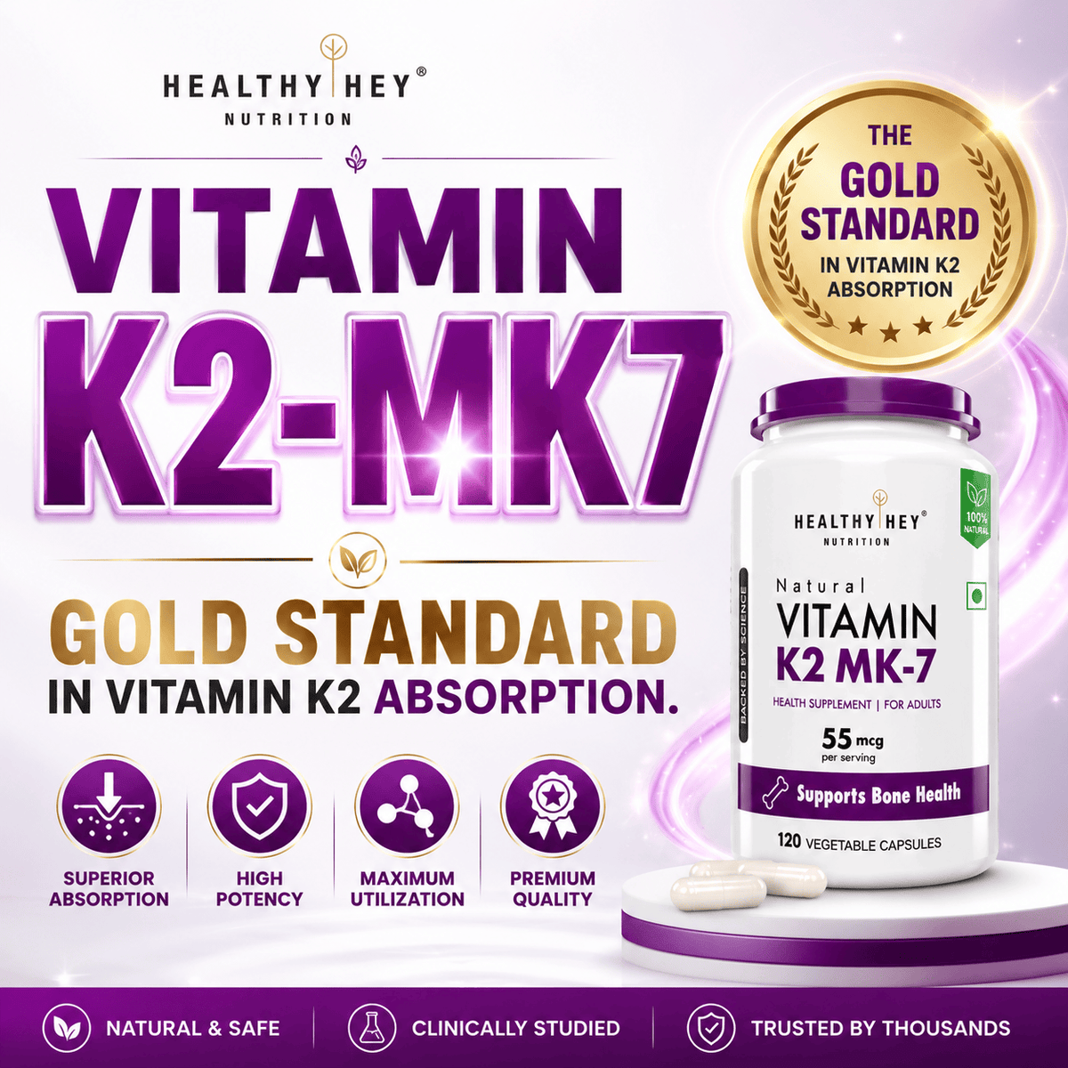 HealthyHey Nutrition Capsule 120 Vitamin K2 | 100% Vegetarian Vitamin K2 Benefits in Bone Health  120 veg Capsules