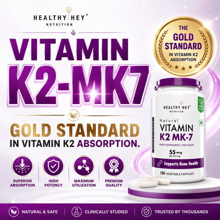 HealthyHey Nutrition Capsule 120 Vitamin K2 | 100% Vegetarian Vitamin K2 Benefits in Bone Health  120 veg Capsules
