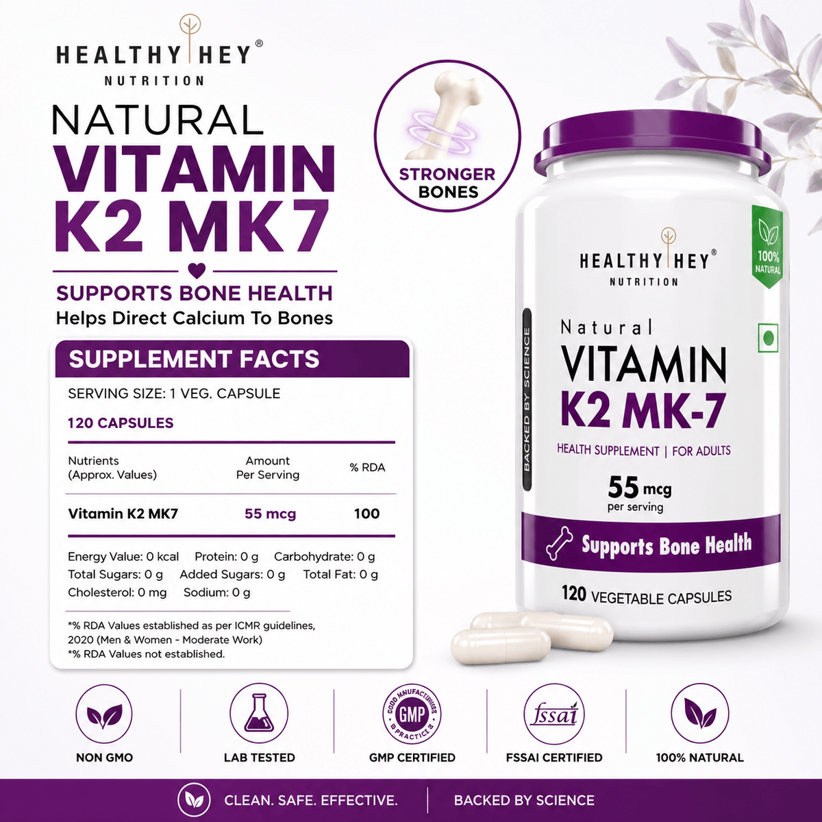 HealthyHey Nutrition Capsule 120 Vitamin K2 | 100% Vegetarian Vitamin K2 Benefits in Bone Health  120 veg Capsules