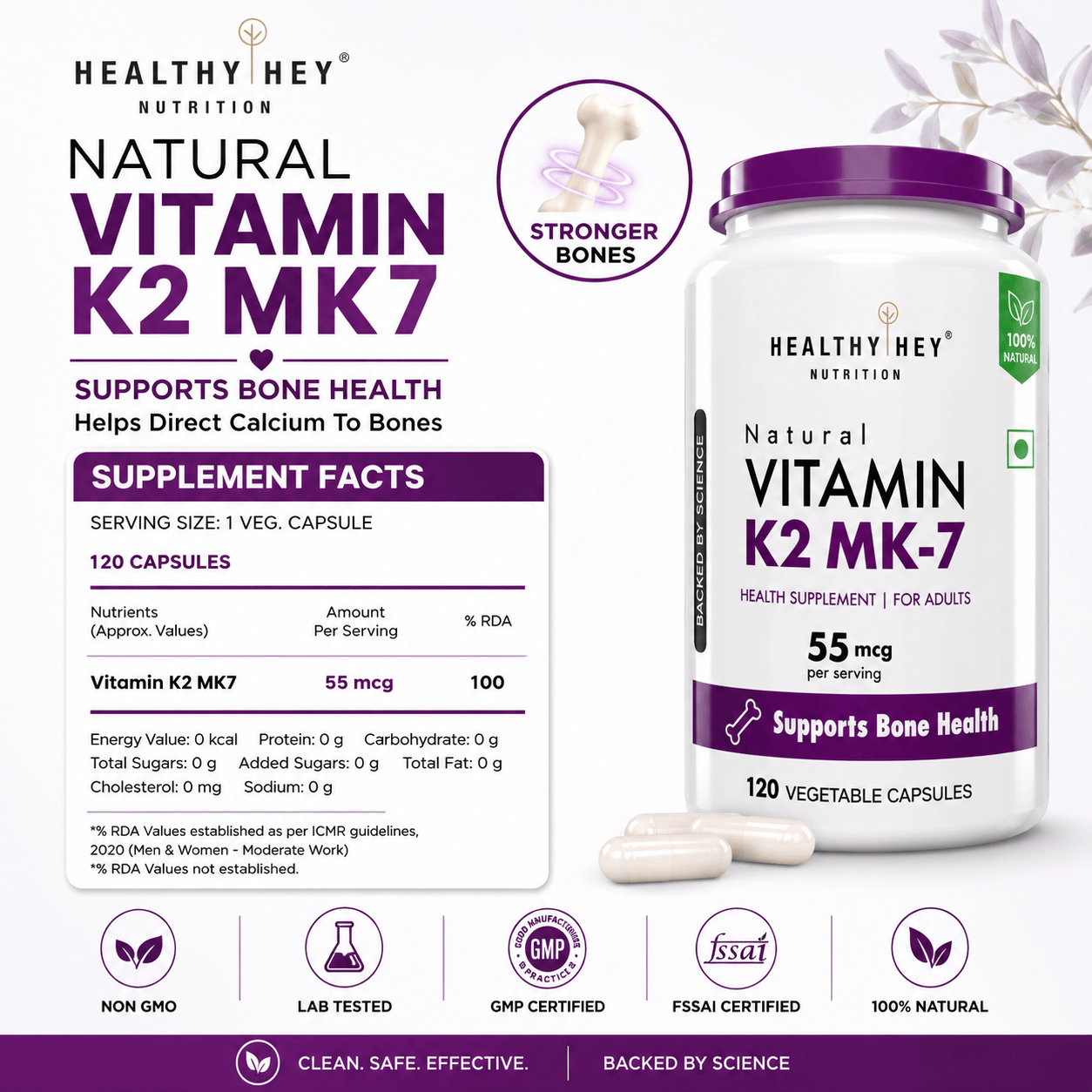 HealthyHey Nutrition Capsule 120 Vitamin K2 | 100% Vegetarian Vitamin K2 Benefits in Bone Health  120 veg Capsules