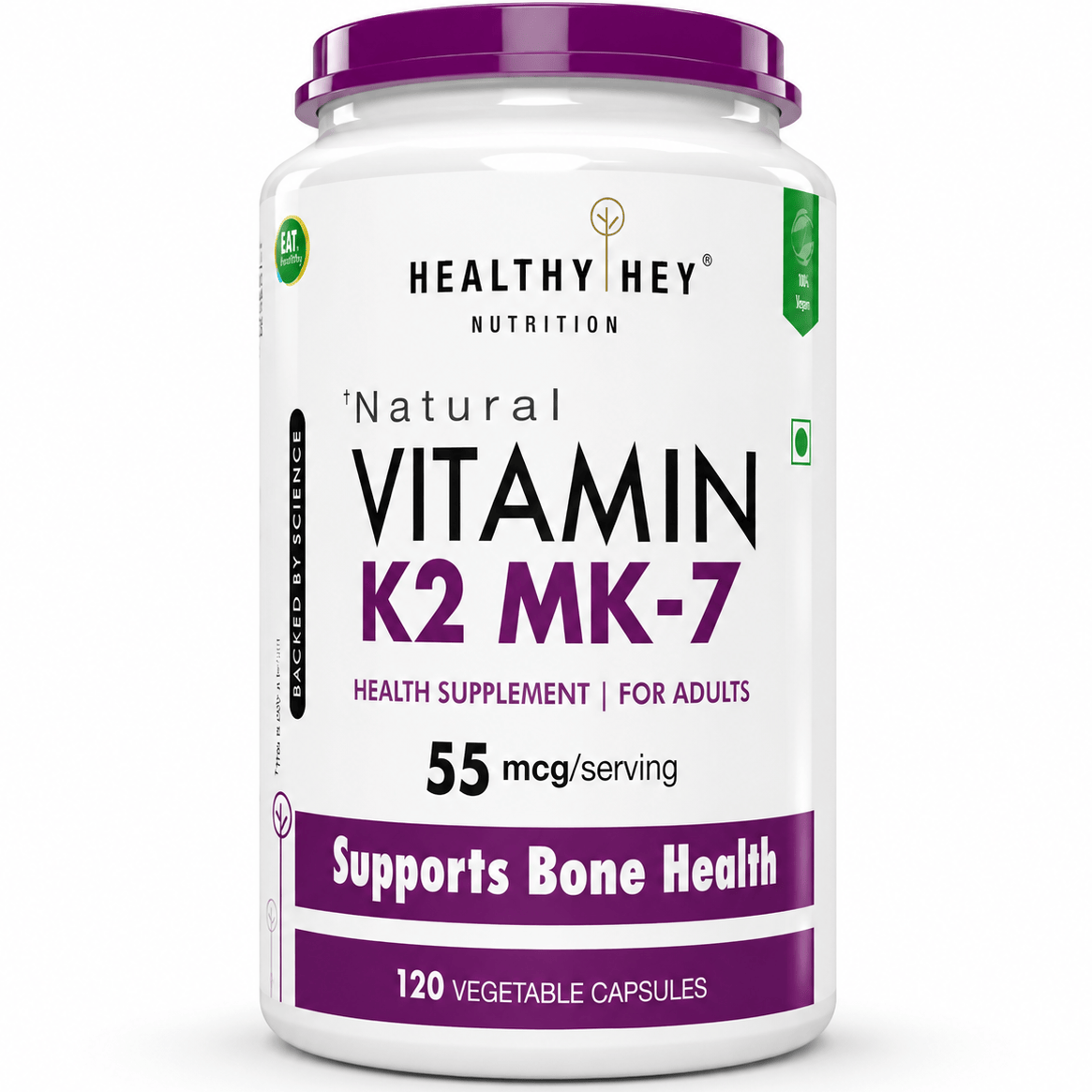 HealthyHey Nutrition Capsule 120 Vitamin K2 | 100% Vegetarian Vitamin K2 Benefits in Bone Health  120 veg Capsules