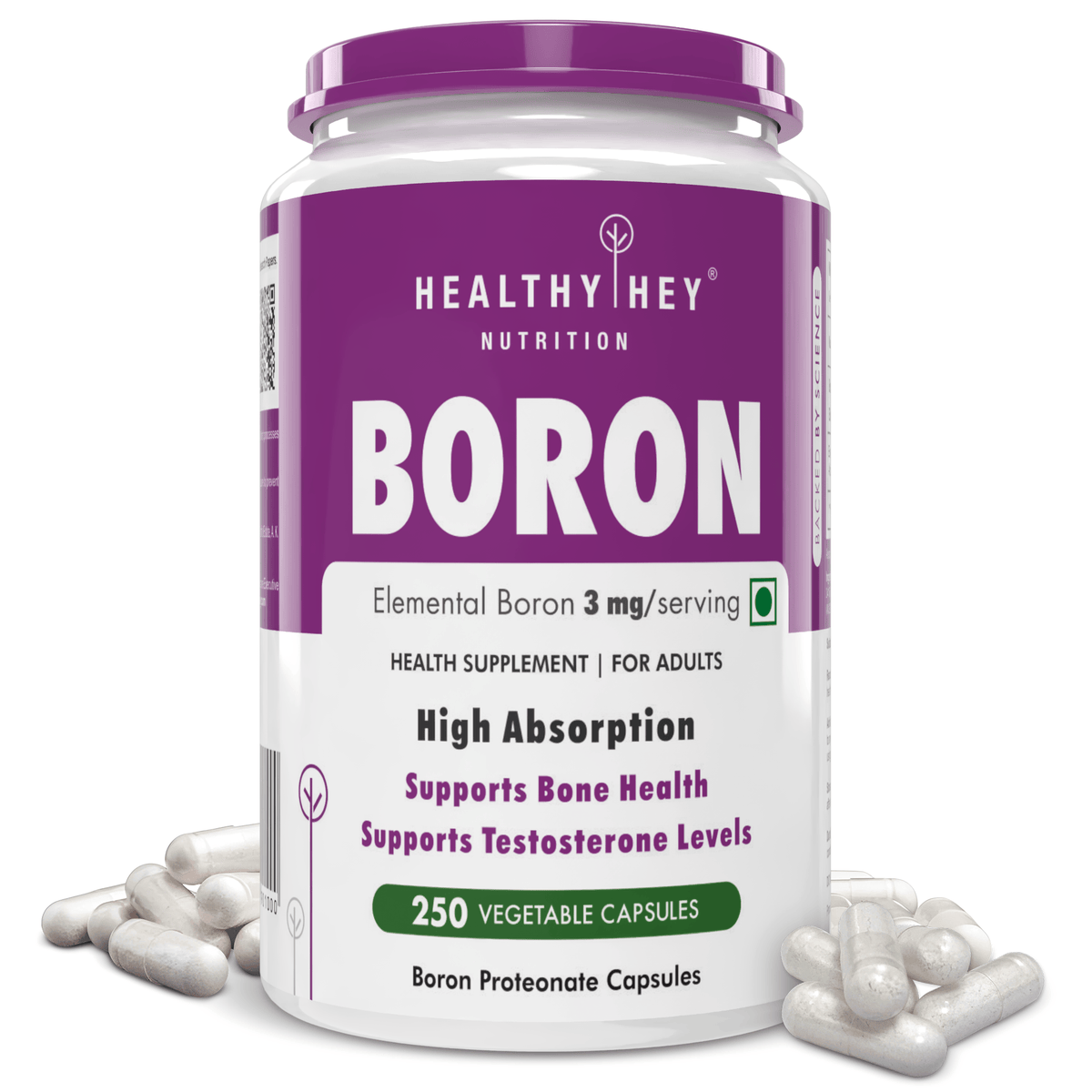 HealthyHey Nutrition Capsule 250 Boron 3 mg,Support bone Health & testosterone levels -Trace Mineral -100% Chelated - Boost Testostrone & Promote Bone Health-120 Veg Capsule