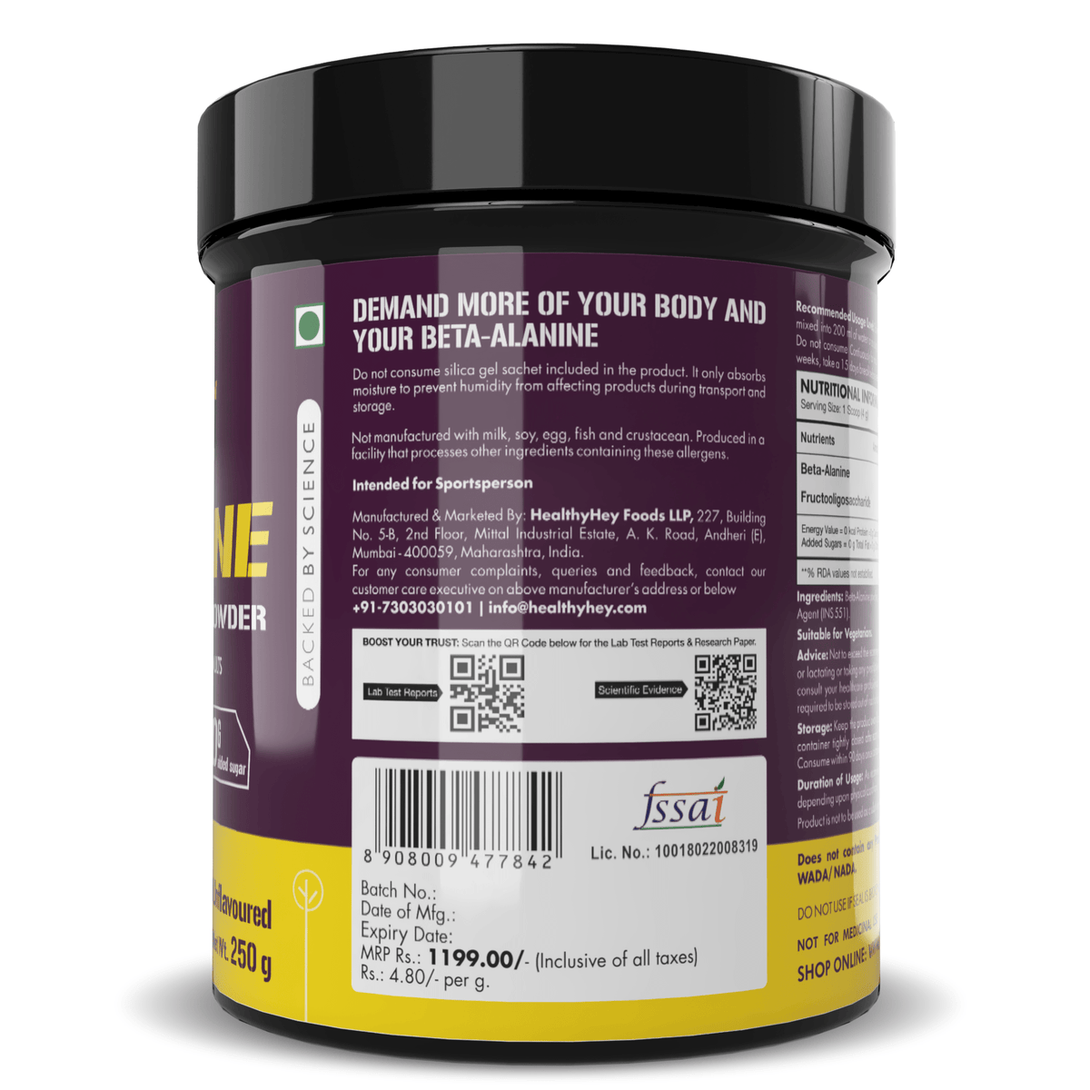 HealthyHey Nutrition Capsule 250 gram Beta-Alanine Powder,Energy Management for Endurance - Pro-series