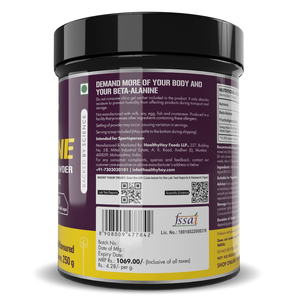 HealthyHey Nutrition Capsule 250 gram Beta-Alanine Powder,Energy Management for Endurance - Pro-series