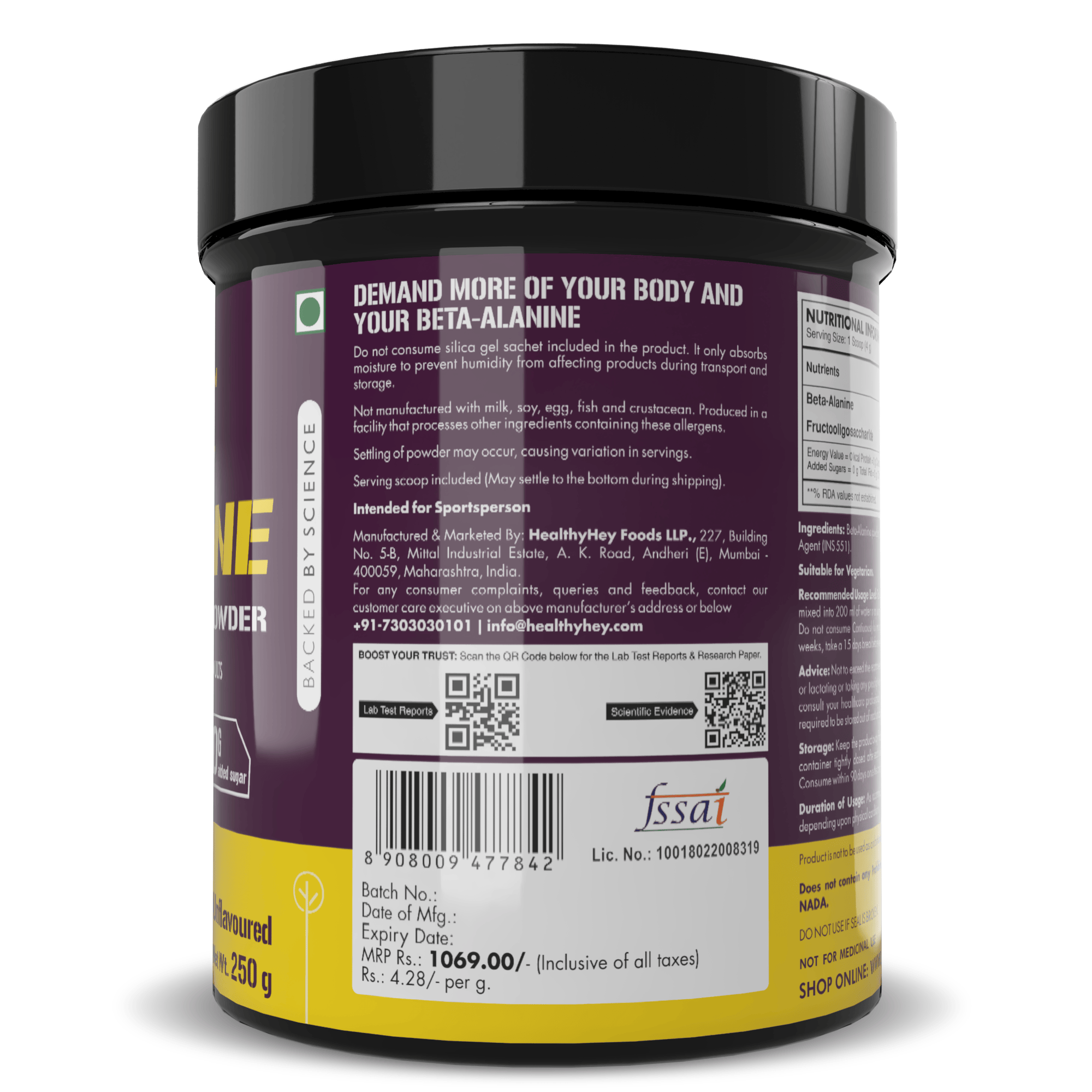 HealthyHey Nutrition Capsule 250 gram Beta-Alanine Powder,Energy Management for Endurance - Pro-series