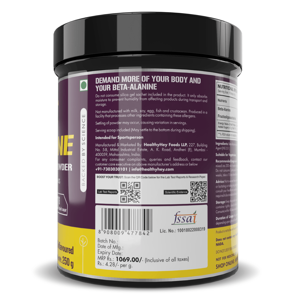 HealthyHey Nutrition Capsule 250 gram Beta-Alanine Powder,Energy Management for Endurance - Pro-series