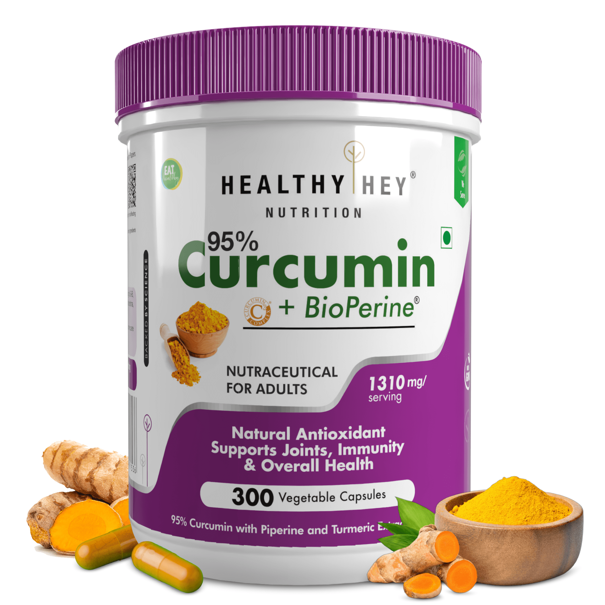 HealthyHey Nutrition Capsule 300 Curcumin with Bioperine (Piperine) 1310mg, Natural Antioxidant help reduce inflammation & Pain (Ultra Pure) with Piperine
