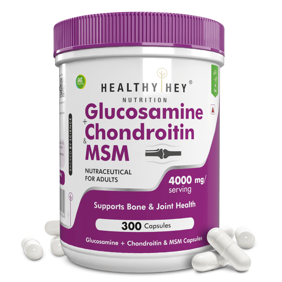 HealthyHey Nutrition Capsule 300 Double Strength Glucosamine Chondroitin and MSM, Support Bone & joint Health for Cartilage; Joint and Bone