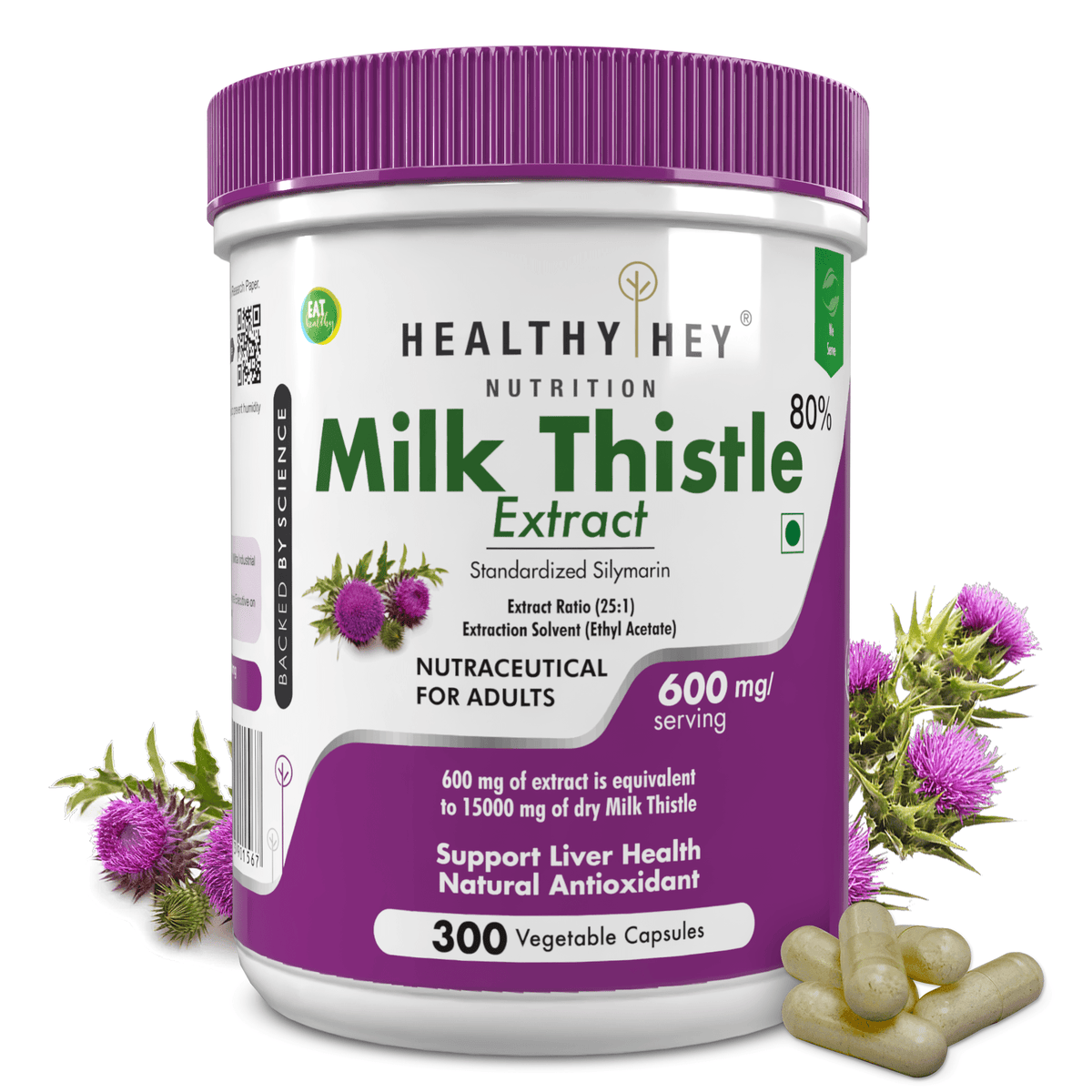 HealthyHey Nutrition Capsule 300 Milk Thistle Supplement 600mg Extract - Supports Liver Health and Antioxidant (Silymarin)