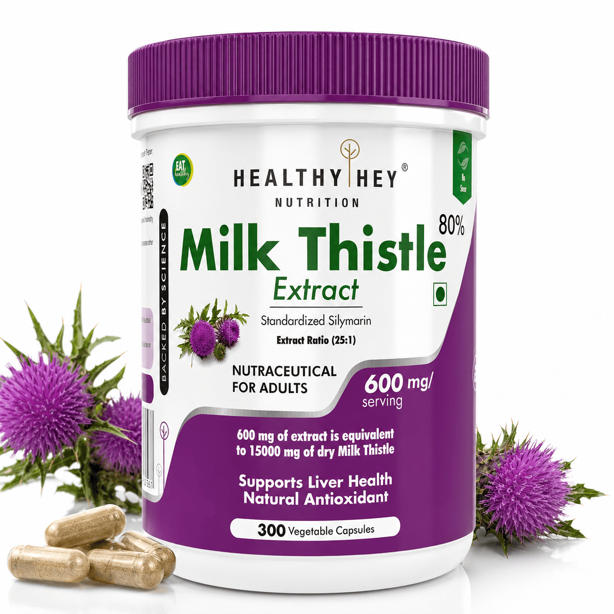 HealthyHey Nutrition Capsule 300 Milk Thistle Supplement 600mg Extract - Supports Liver Health and Antioxidant (Silymarin)