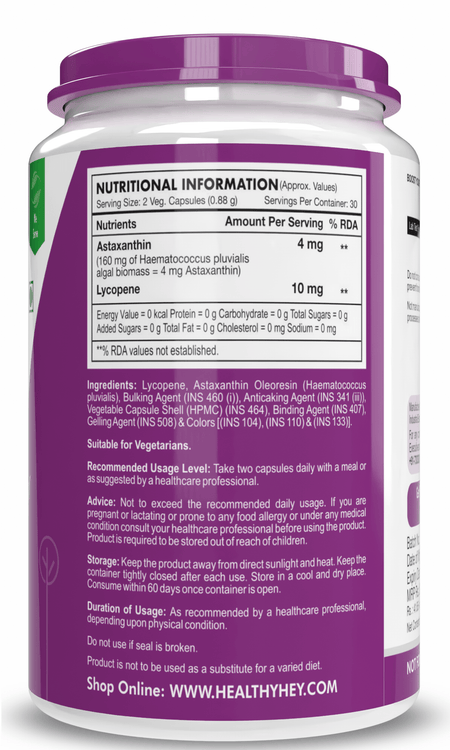 HealthyHey Nutrition Capsule 60 Astaxanthin, Support skin & Immune Health -Naturally Sourced from Algae - Non-Synthetic - Support Healthy Ageing 60 Veg Capsules