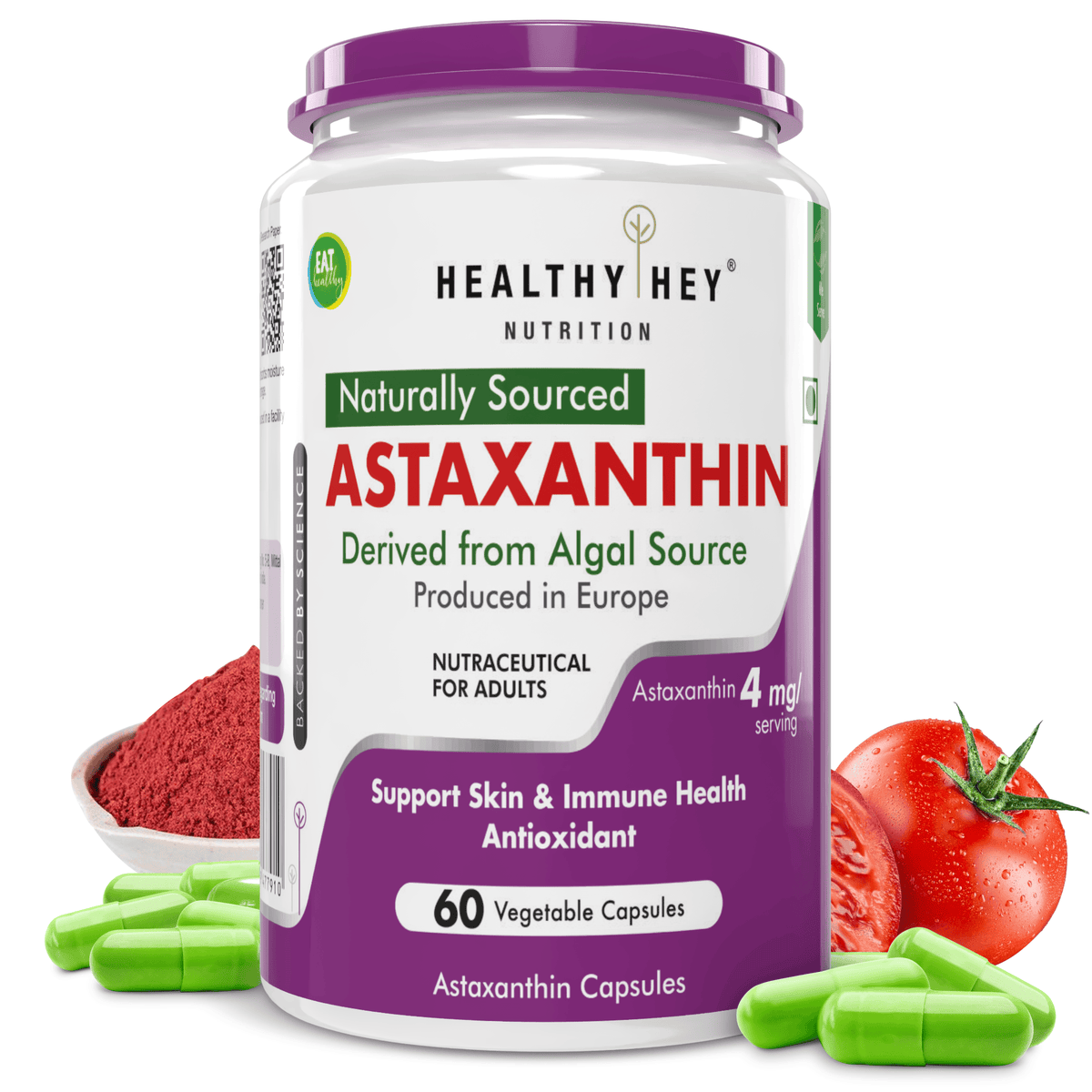 HealthyHey Nutrition Capsule 60 Astaxanthin, Support skin & Immune Health -Naturally Sourced from Algae - Non-Synthetic - Support Healthy Ageing 60 Veg Capsules