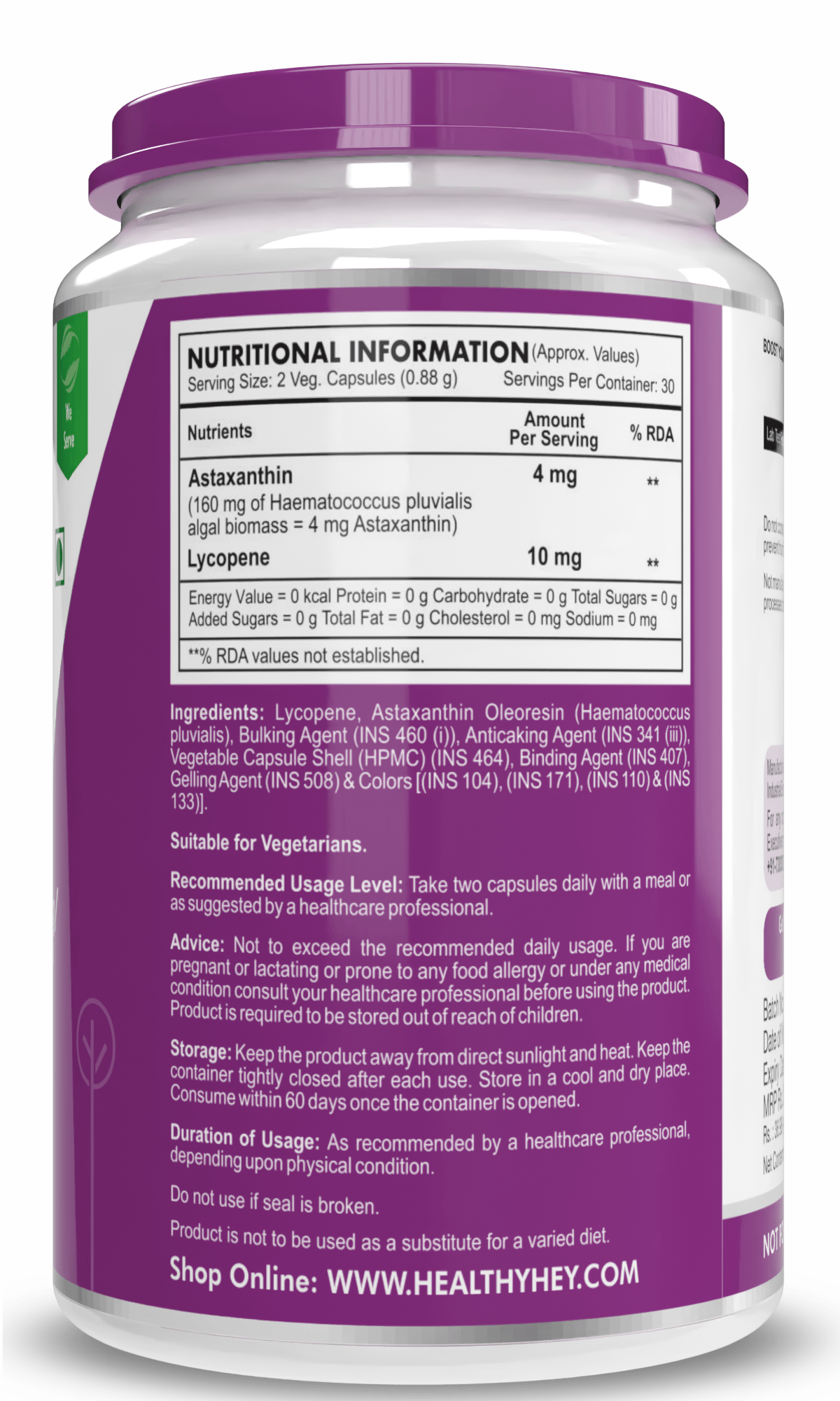 HealthyHey Nutrition Capsule 60 Astaxanthin, Support skin & Immune Health -Naturally Sourced from Algae - Non-Synthetic - Support Healthy Ageing 60 Veg Capsules