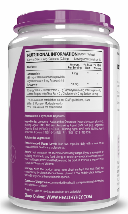 HealthyHey Nutrition Capsule 60 Astaxanthin, Support skin & Immune Health -Naturally Sourced from Algae - Non-Synthetic - Support Healthy Ageing 60 Veg Capsules