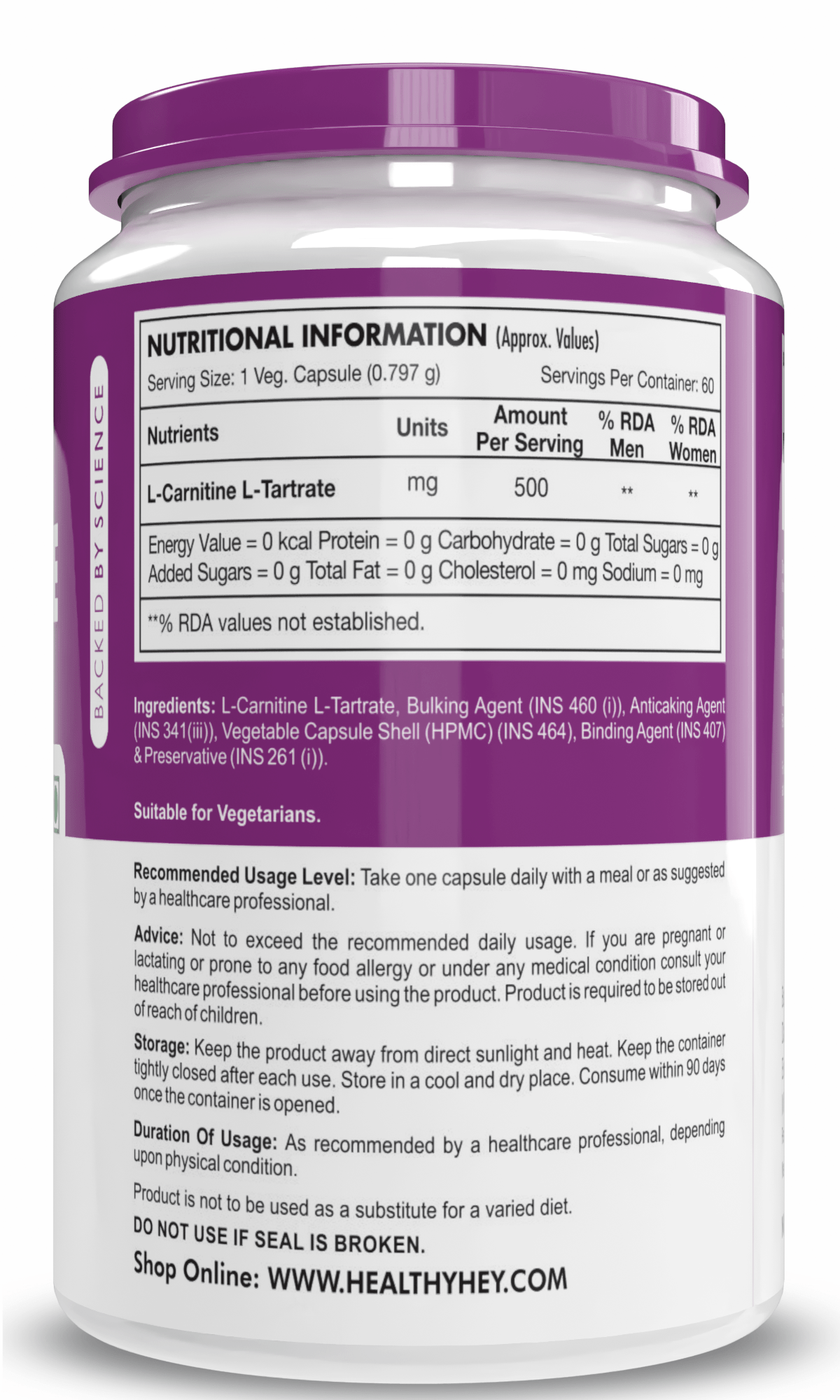HealthyHey Nutrition Capsule 60 Count (Pack of 1) L-Carnitine & L-Tartrate (LCLT), May Improve Exercise recovery-Support Transport of Fats to Muscles - 60 Veg Capsules