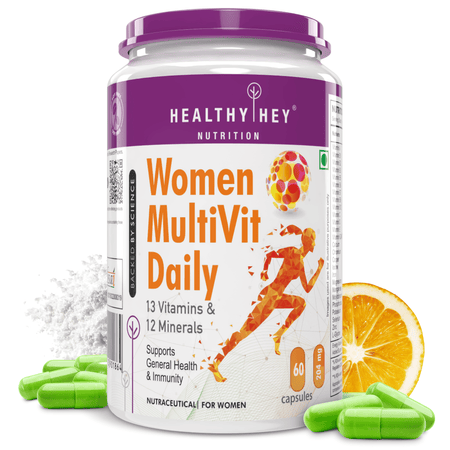 HealthyHey Nutrition Capsule 60 MultiVitamin for Women, Supports General Health & Immunity - Multi-Vit Daily - 13 Vitamins & 10 Minerals- 60 Veg Capsules