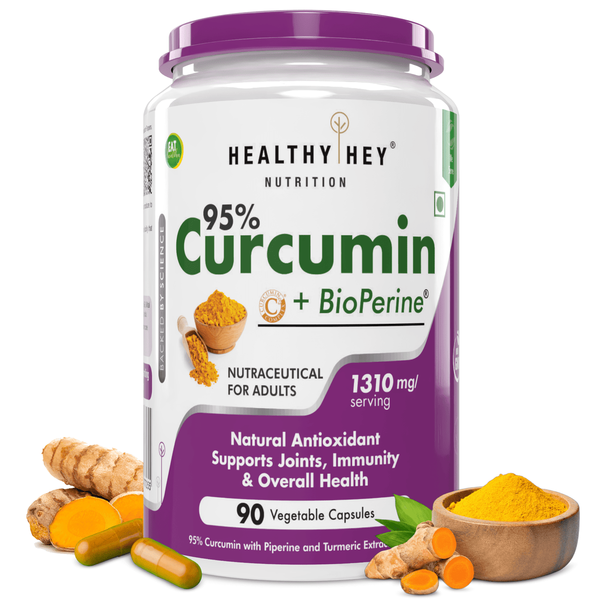 HealthyHey Nutrition Capsule 90 Curcumin with Bioperine (Piperine) 1310mg, Natural Antioxidant help reduce inflammation & Pain (Ultra Pure) with Piperine