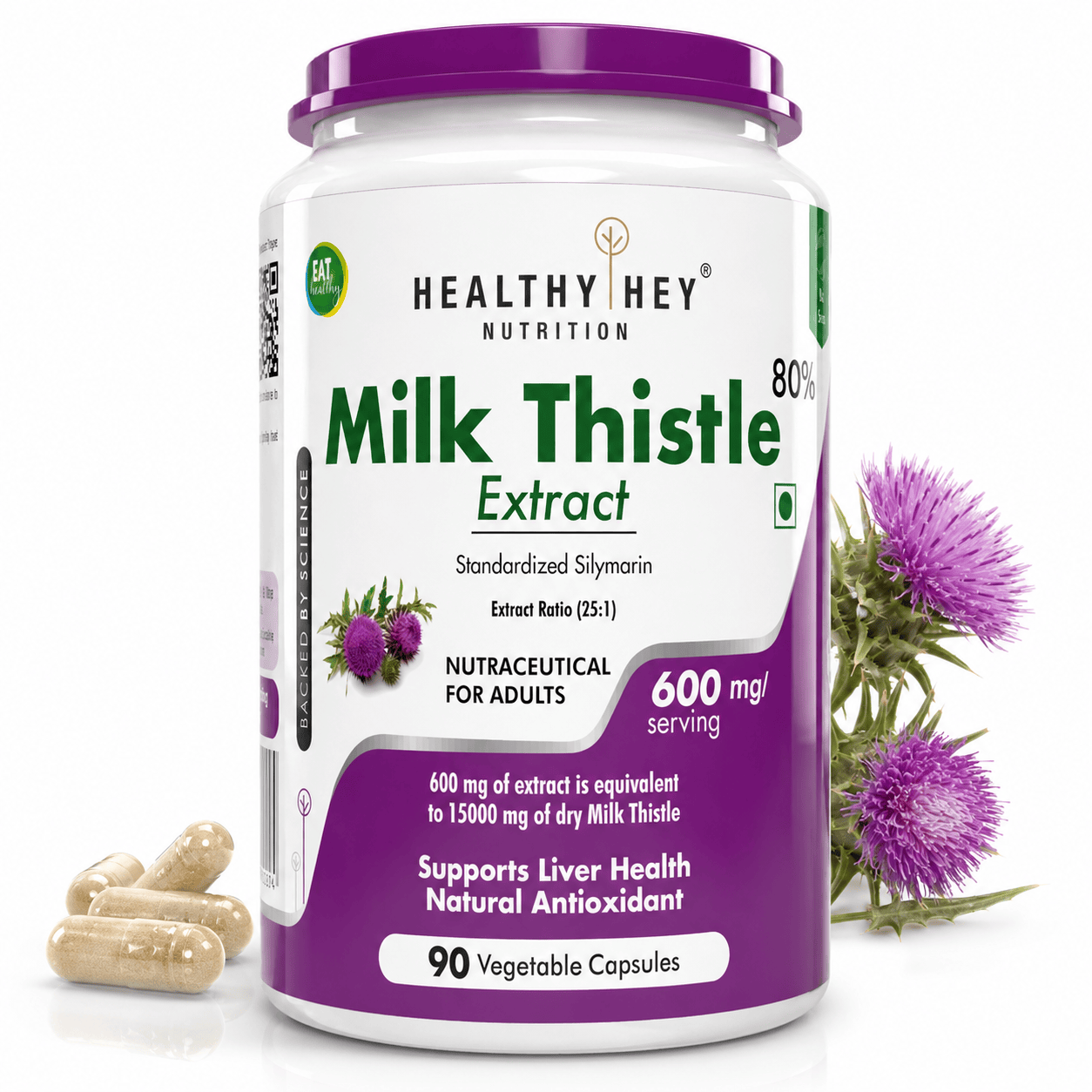 HealthyHey Nutrition Capsule 90 Milk Thistle Supplement 600mg Extract - Supports Liver Health and Antioxidant (Silymarin)