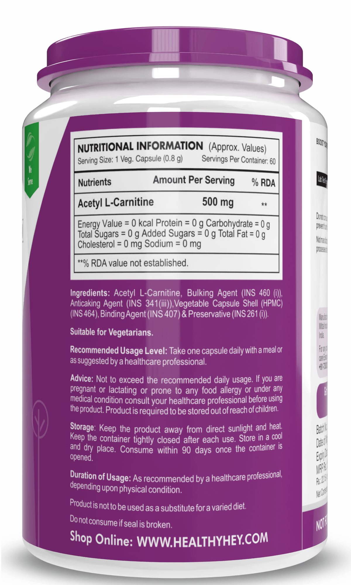 HealthyHey Nutrition Capsule Acetyl L-Carnitine (ALCAR)- Support Brain & Cognitive Health - 60 Veg Capsules