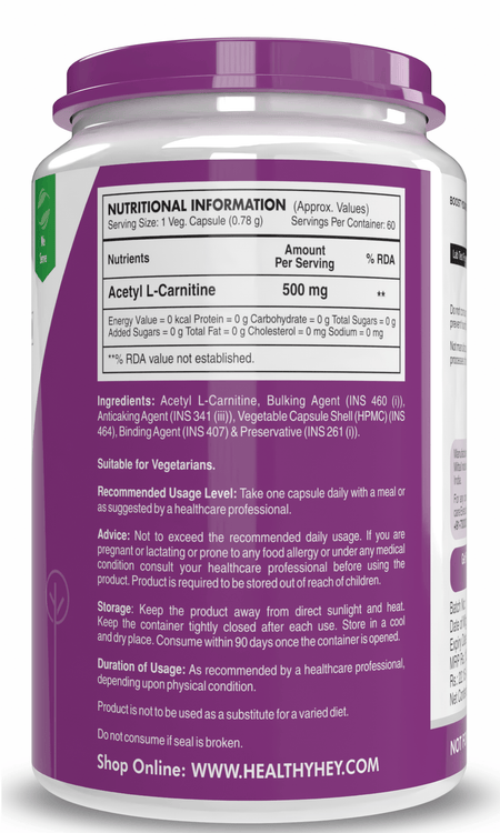 HealthyHey Nutrition Capsule Acetyl L-Carnitine (ALCAR)- Support Brain & Cognitive Health - 60 Veg Capsules
