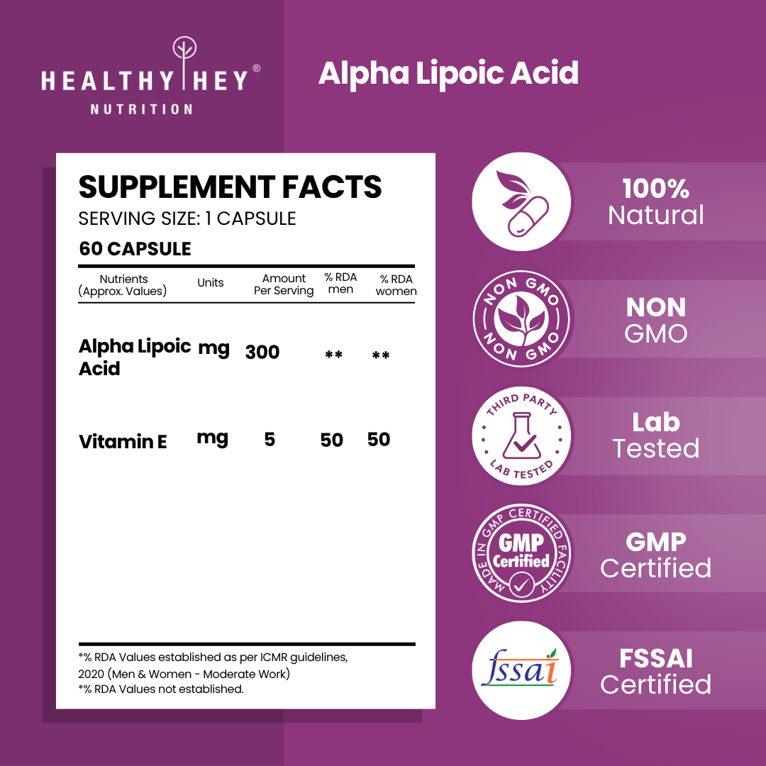 HealthyHey Nutrition Capsule Alpha Lipoic Acid, May Support Heart & Cognitive Health Gluten-free and Non GMO -ALA , 300 mg Per Serving 60 veg capsules
