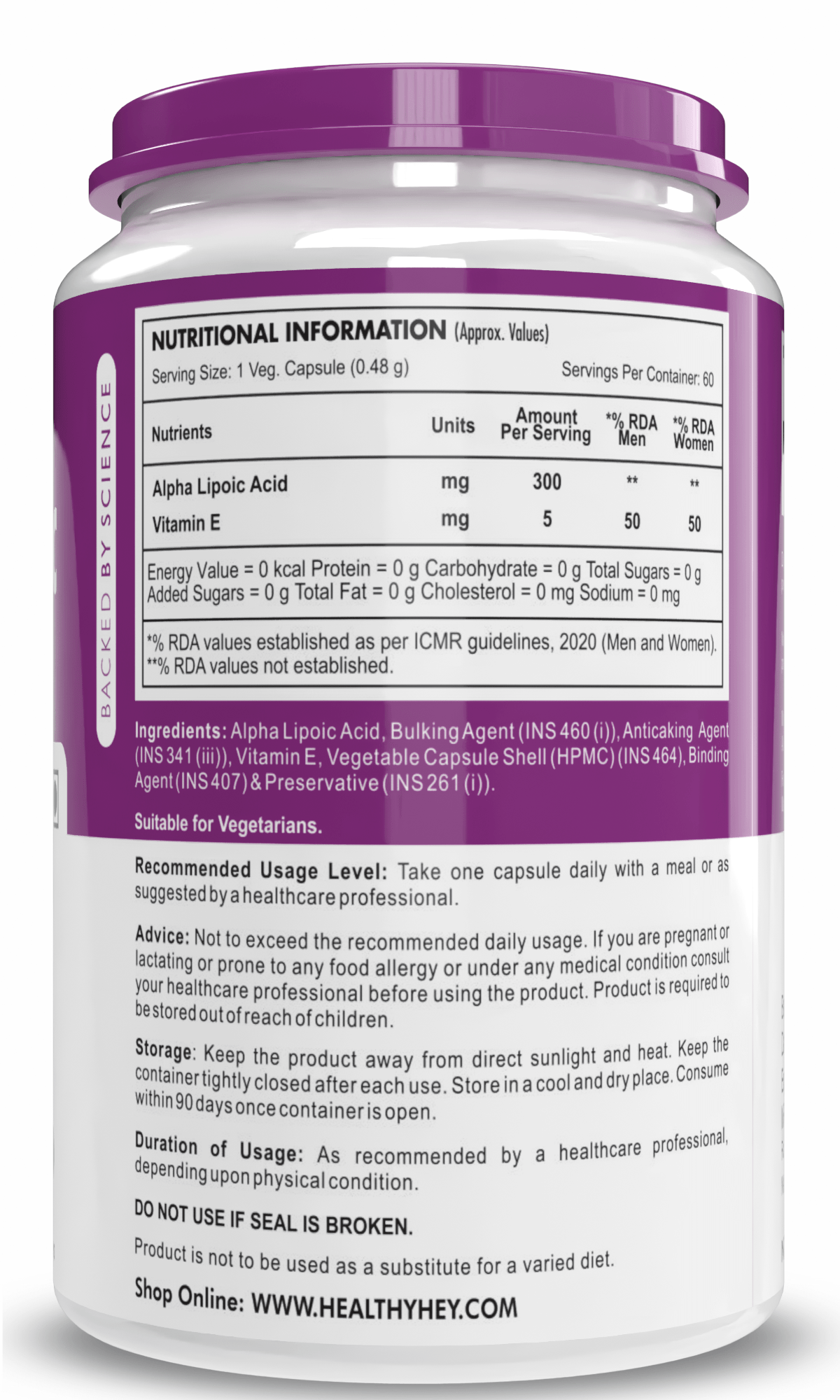 HealthyHey Nutrition Capsule Alpha Lipoic Acid, May Support Heart & Cognitive Health Gluten-free and Non GMO -ALA , 300 mg Per Serving 60 veg capsules