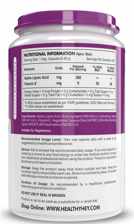 HealthyHey Nutrition Capsule Alpha Lipoic Acid, May Support Heart & Cognitive Health Gluten-free and Non GMO -ALA , 300 mg Per Serving 60 veg capsules