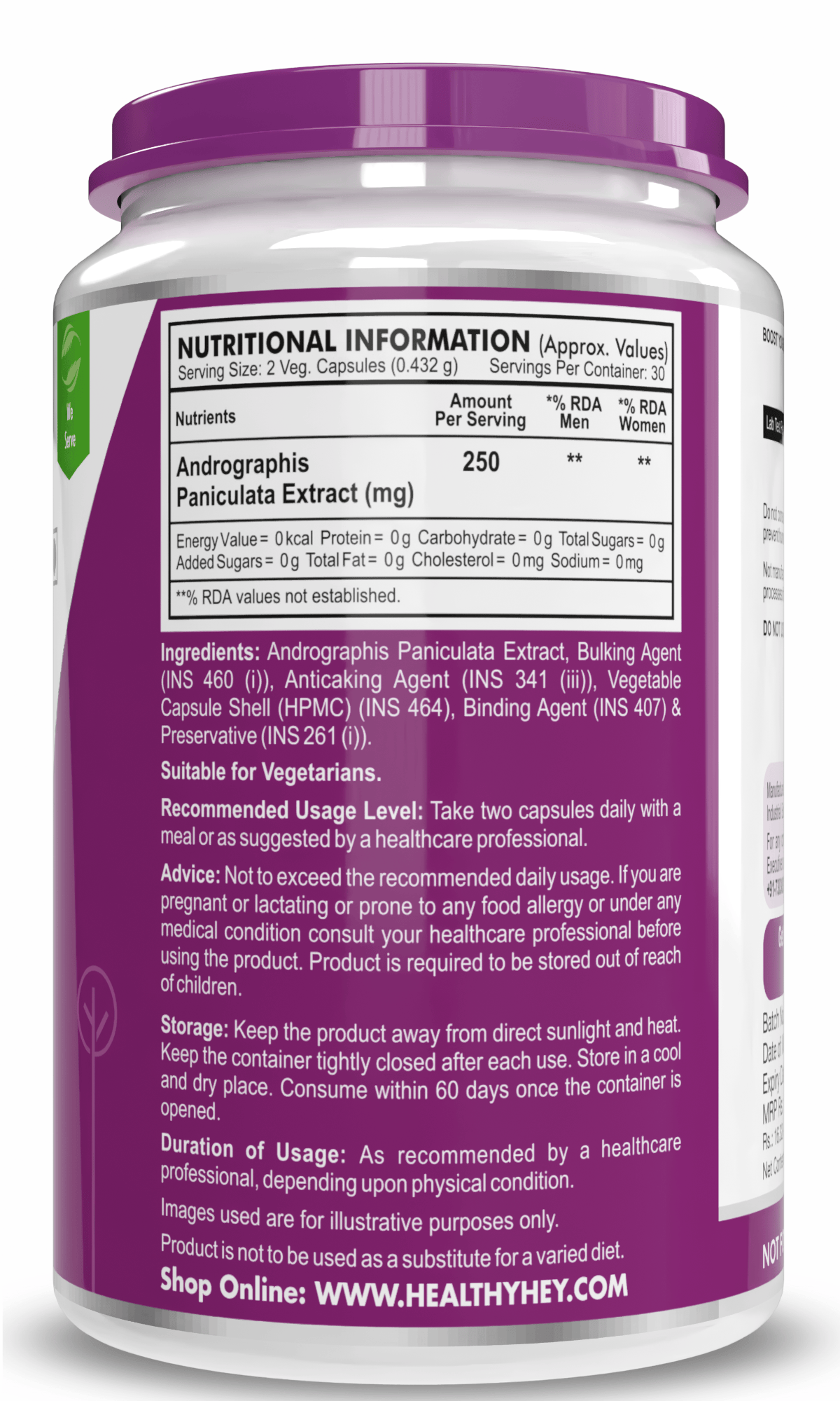 HealthyHey Nutrition Capsule Andrographis Paniculata extract, Supports Immune Health -250mg -60 Veg Capsules