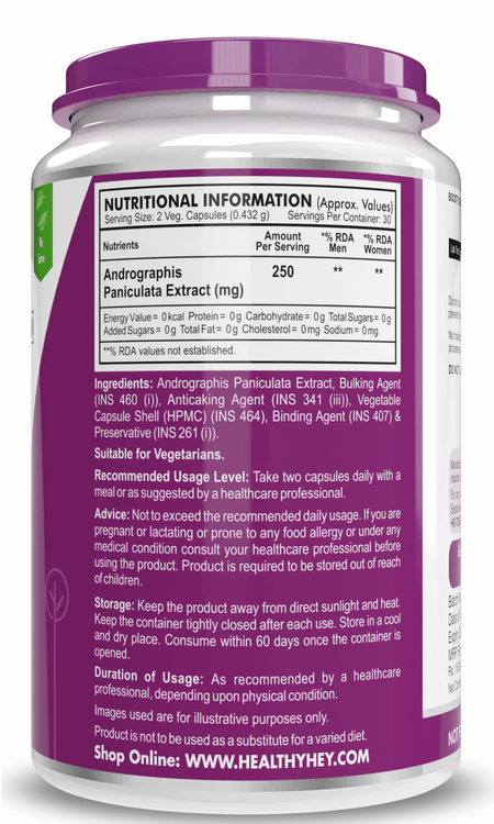 HealthyHey Nutrition Capsule Andrographis Paniculata extract, Supports Immune Health -250mg -60 Veg Capsules