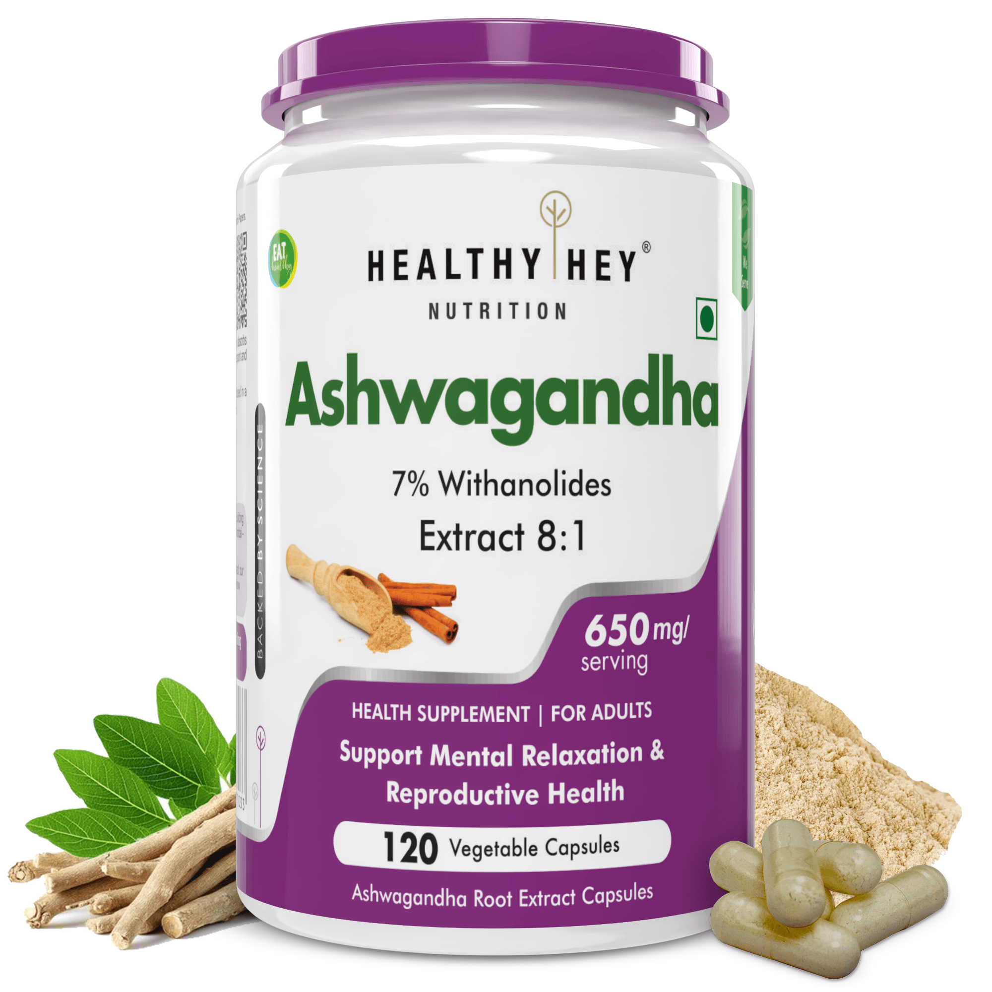 HealthyHey Nutrition Capsule Ashwagandha Extract Capsules | 100% Natural Rejuvenating Formula - Promotes Mind & Body Wellness - 120 Capsules