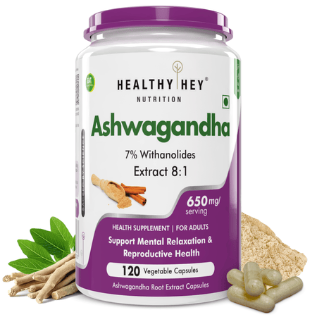 HealthyHey Nutrition Capsule Ashwagandha Extract Capsules | 100% Natural Rejuvenating Formula - Promotes Mind & Body Wellness - 120 Capsules