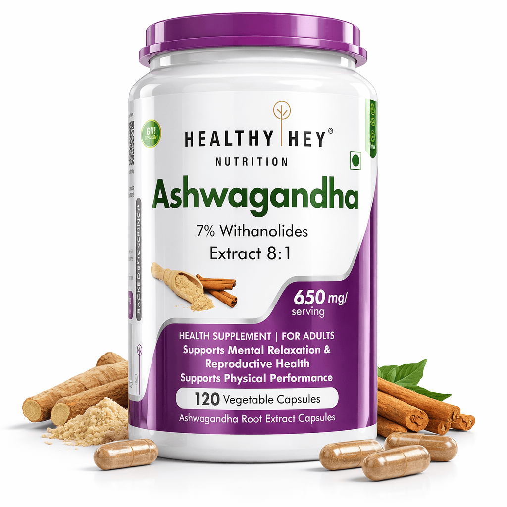 HealthyHey Nutrition Capsule Ashwagandha Extract Capsules | 100% Natural Rejuvenating Formula - Promotes Mind & Body Wellness - 120 Capsules
