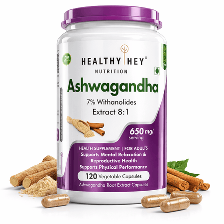HealthyHey Nutrition Capsule Ashwagandha Extract Capsules | 100% Natural Rejuvenating Formula - Promotes Mind & Body Wellness - 120 Capsules