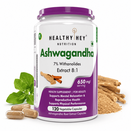 HealthyHey Nutrition Capsule Ashwagandha Extract Capsules | 100% Natural Rejuvenating Formula - Promotes Mind & Body Wellness - 120 Capsules